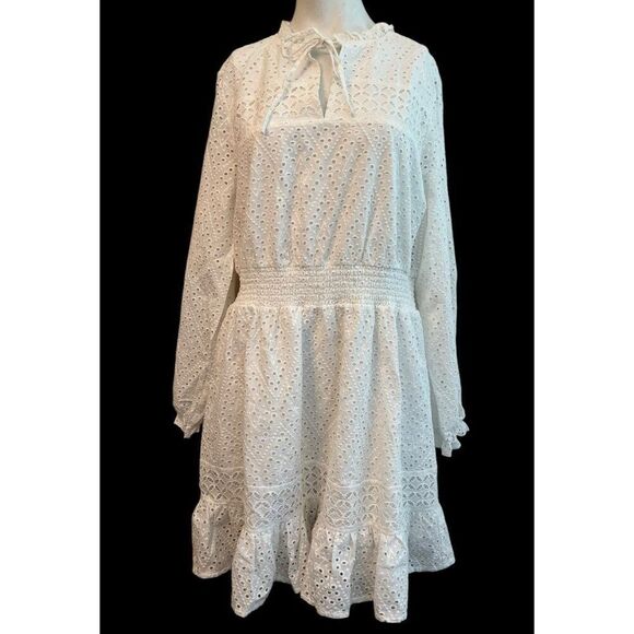 Belldini XL White Eyelet Casual Summer Dress Long Sleeve Lined Ruffled NWT - Picture 1 of 5